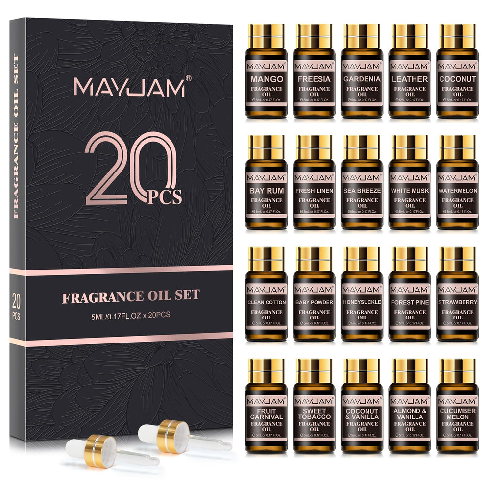 MAYJAM fragrance oil set packaging with 20x5ml bottles for diffuser-ready scents