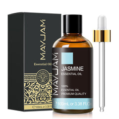 Aceite esencial MAYJAM jazmín en frasco ámbar con gotero para uso prolongado.