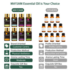 MAYJAM essential oil bottle closeup highlighting high-quality oils for diffusers.