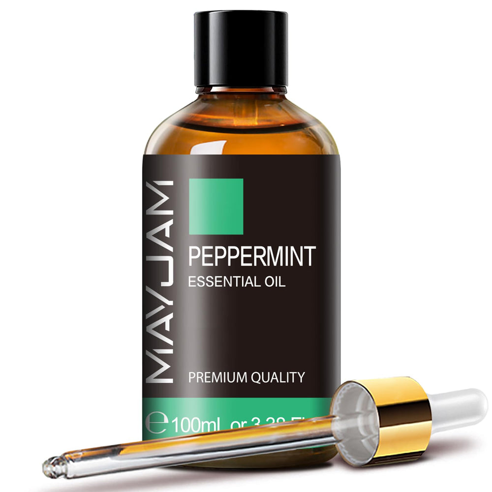 MAYJAM Peppermint Essential Oil bottle in amber glass for lasting fragrance and easy dispensing.