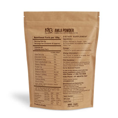 MB Herbals Amla powder packaging highlights seed-free, natural goodness.