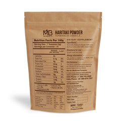 MB Herbals Haritaki powder packaging—gluten-free, preservative-free label for clean ingredients