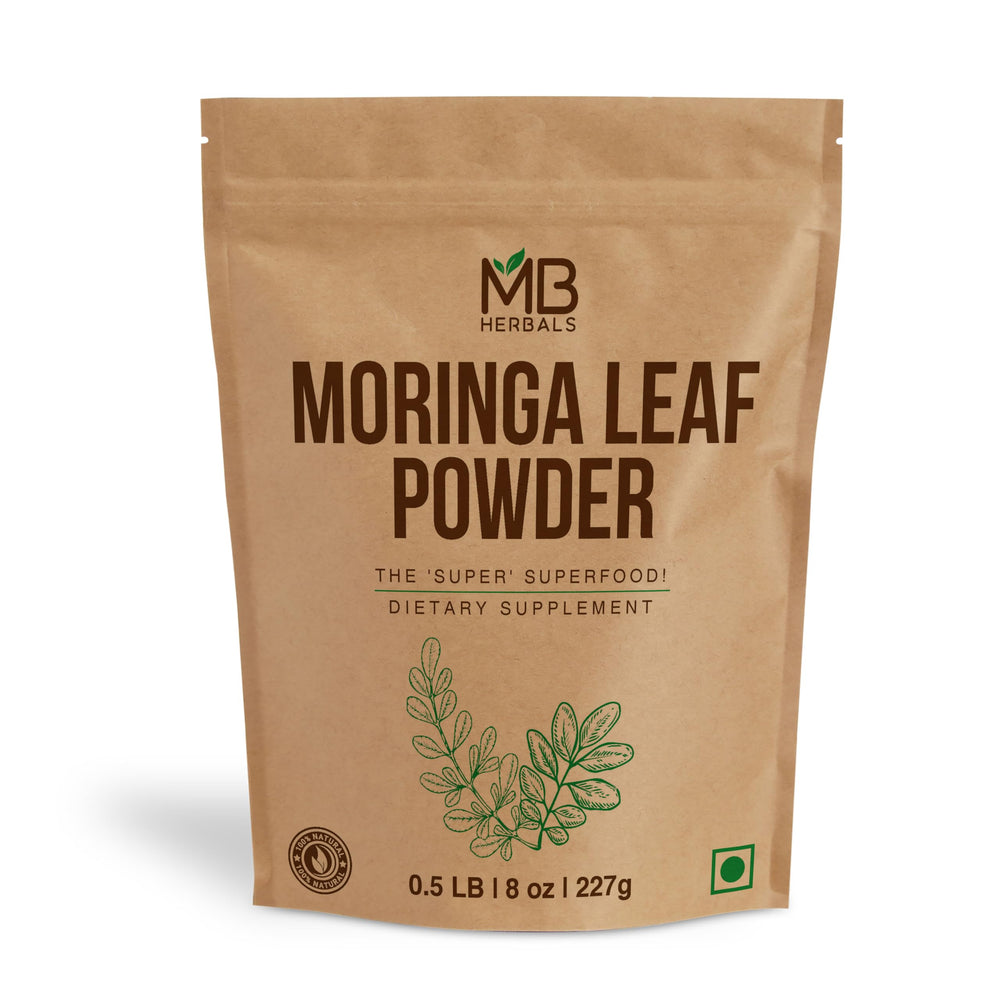 MB Herbals Moringa leaf powder bottle—premium 100% leaf powder for smoothies