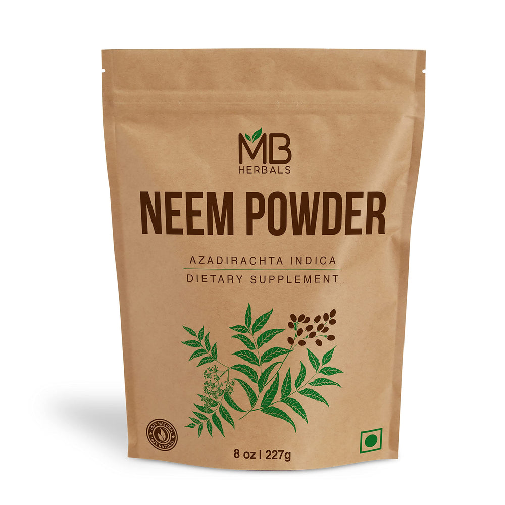 MB Herbals Neem Powder bottle for skin and hair care, crafted from wild neem leaves.