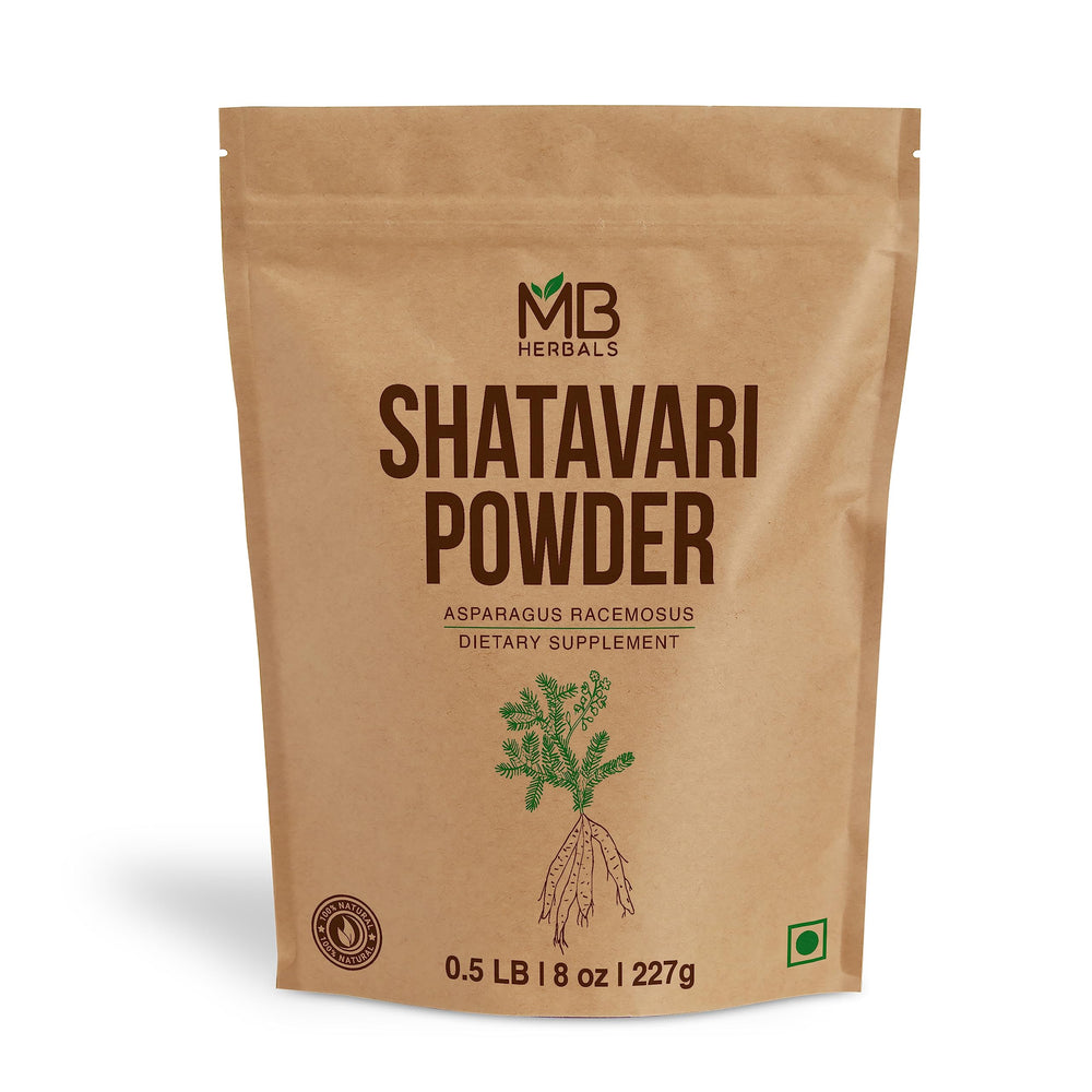 MB Herbals Shatavari powder jar with pure Asparagus racemosus for daily use.