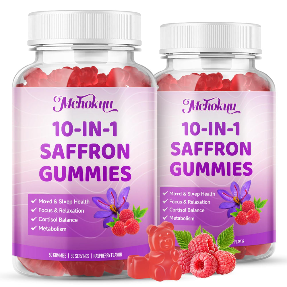 Mchokuu Saffron Gummies bottle front showing bold brand and product name for daily calm and focus.