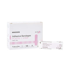 McKesson adhesive bandages with pink fabric strip for breathable protection