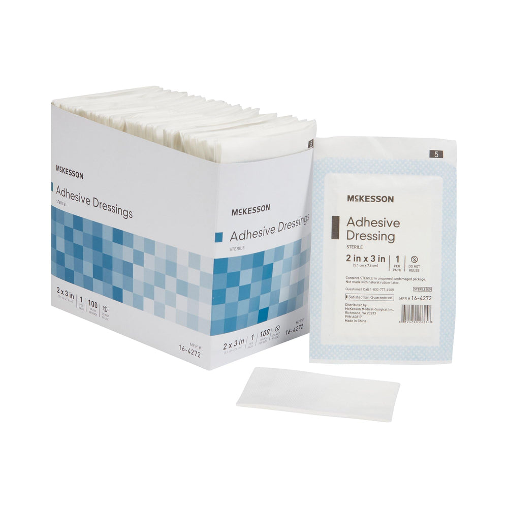McKesson adhesive dressing, sterile cotton/polyester, shown for absorbent wound protection