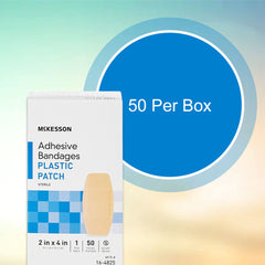 McKesson snug-fit bandage 2x4 provides secure coverage for minor injuries.
