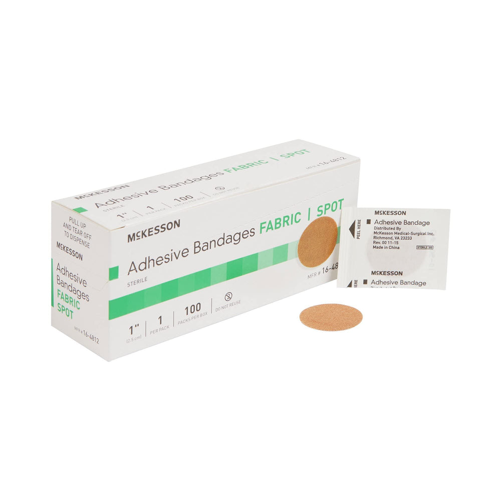 Banditas adhesivas McKesson de tela estéril de 1 pulgada para cortes menores y primeros auxilios.