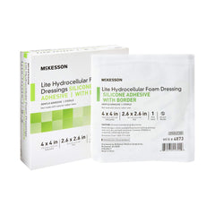 McKesson Lite Hydrocellular Foam Dressing, sterile border, 4x4 inch, for secure wound coverage.