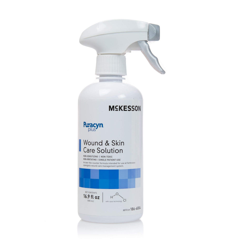 McKesson Puracyn Plus wound spray bottle demonstrates quick, gentle cleansing for minor wounds.