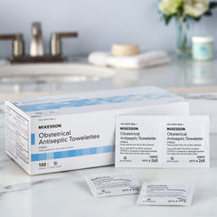 Perineal care with McKesson wipes for gentle cleansing.