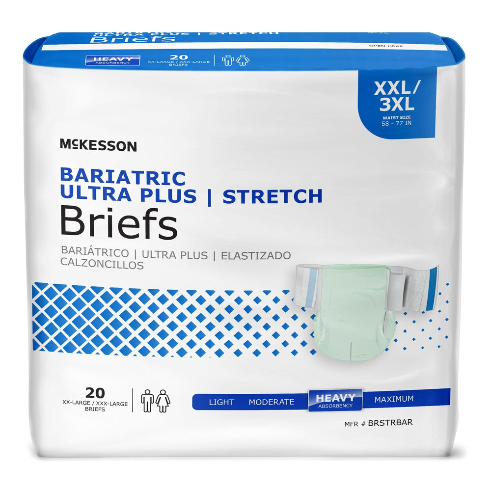 Packaging box for McKesson Ultra Plus Stretch Briefs showing heavy absorbency