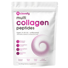 Mclovefy bottle of multi collagen peptides powder for daily use and potential hair, skin, nails support.