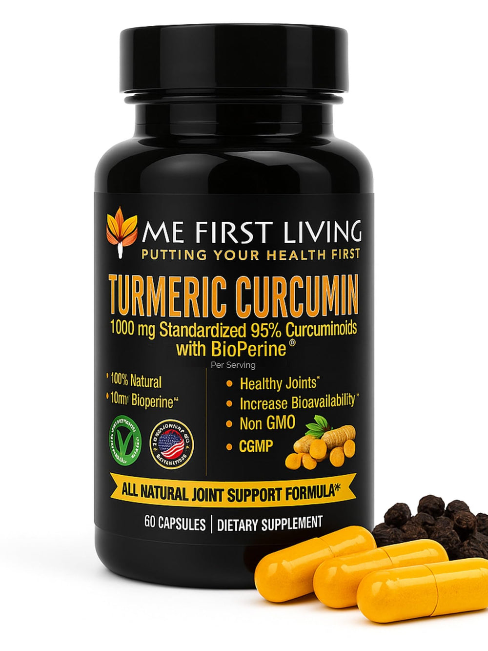 Me First Living turmeric curcumin bottle with 60 capsules for daily wellness.