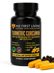 Me First Living turmeric curcumin bottle with 60 capsules for daily wellness.
