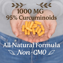 Capsules highlight 95% curcuminoids for potent turmeric supplementation.