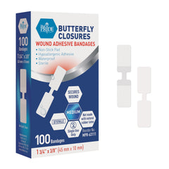 MED PRIDE butterfly wound closure strip on skin provides gentle, secure coverage.