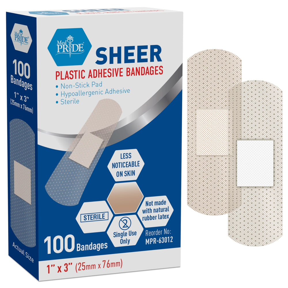 Curitas MED PRIDE transparentes para piel sensible, tamaño 1x3 pulgadas.