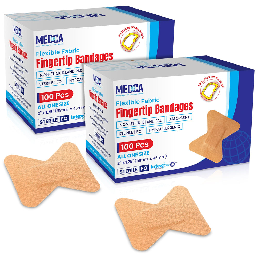 Medca Flex finger bandage close-up showing flexible adhesive protection.