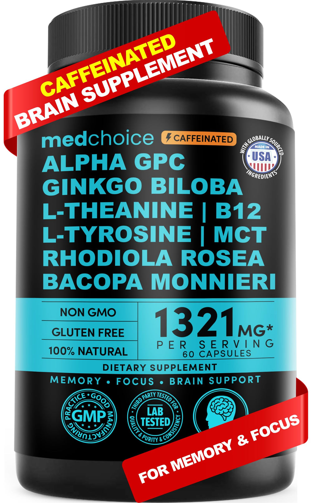 MEDCHOICE 12-in-1 nootropic bottle front view for daily focus.