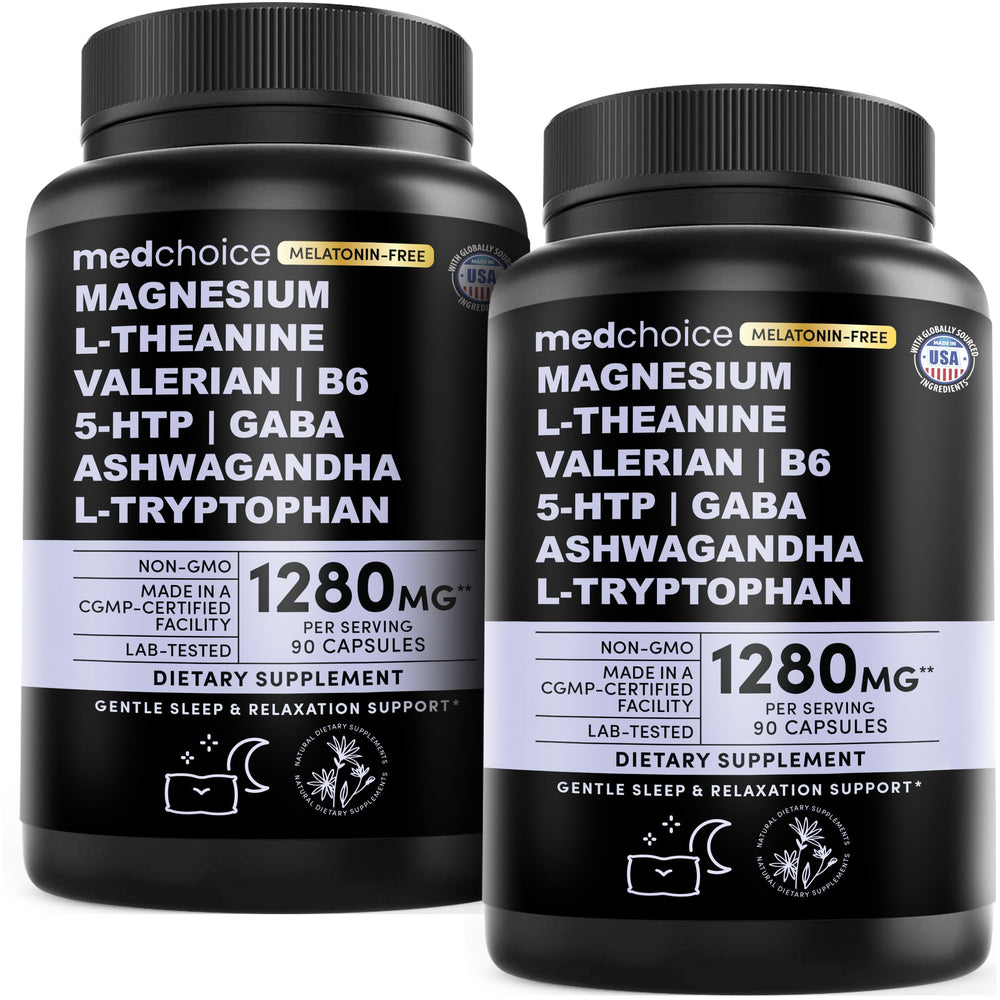 MEDCHOICE 12-in-1 Sleep Support bottle front highlights a melatonin-free nightly routine.