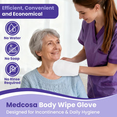 Medcosa glove-shaped wipes for easy access to hard-to-reach areas.