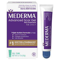 Mederma Advanced Scar Gel bottle closeup highlighting easy daily scar care