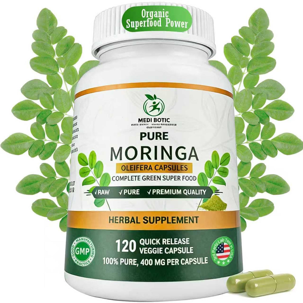 MEDI BOTIC Moringa capsules bottle front, daily energy support in a pure plant-based tablet.