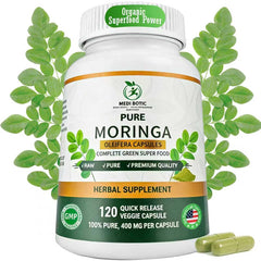 MEDI BOTIC Moringa capsules bottle front, daily energy support in a pure plant-based tablet.