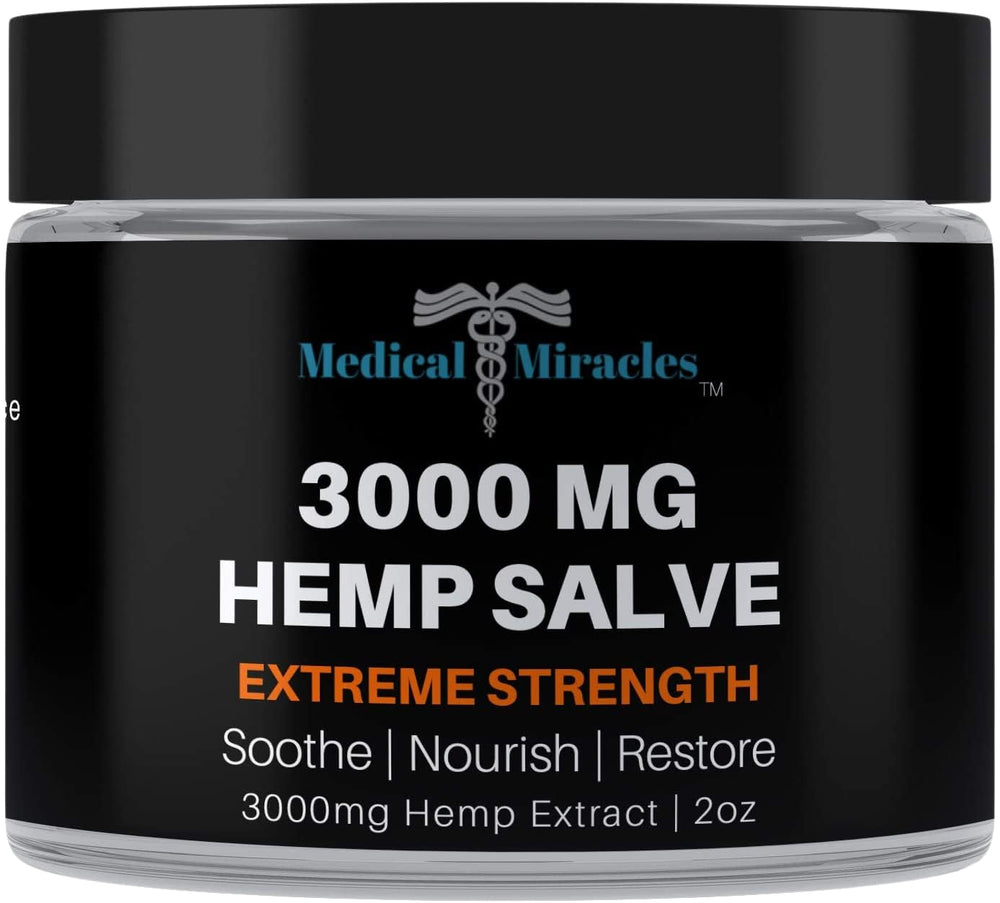 Medical Miracles Hemp 3000mg salve bottle highlighting premium formula for targeted joint comfort