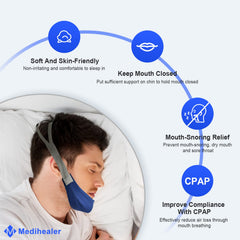 Medihealer chin strap worn during sleep for improved mouth closure