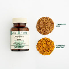 Mediherb Turmeric Forte label detail shows readable ingredients and quality assurance.
