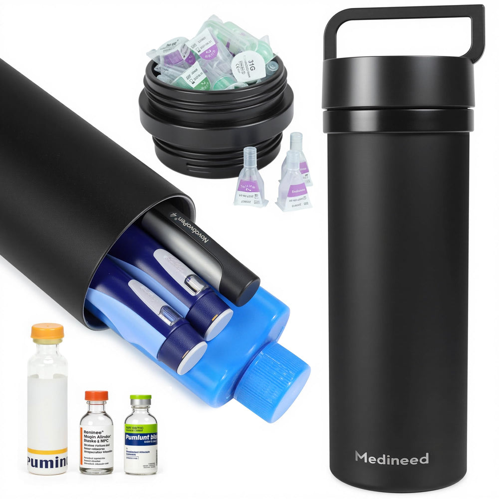 Medineed insulin cooler travel case front view keeps medicines portable and organized.