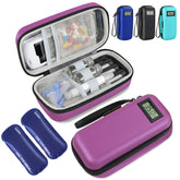 Medineed insulin cooler travel case with temperature display for on-the-go monitoring.