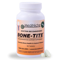 MediNiche Bone-Tite bottle on shelf showing daily dental implant support
