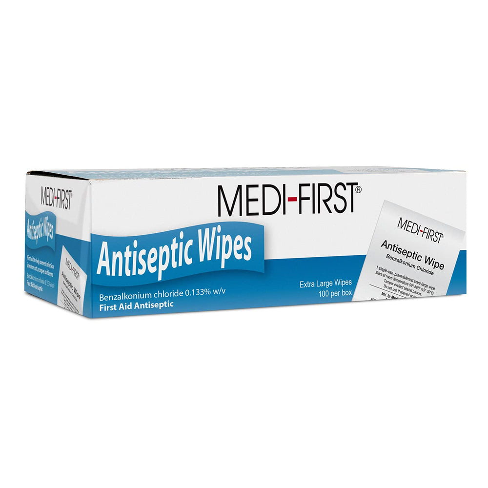 Medique First 21433 antiseptic wipes box for quick skin cleansing when water isn't available.