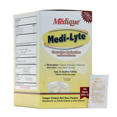 Medique Medi-Lyte packaging shown for quick hydration in hot environments.
