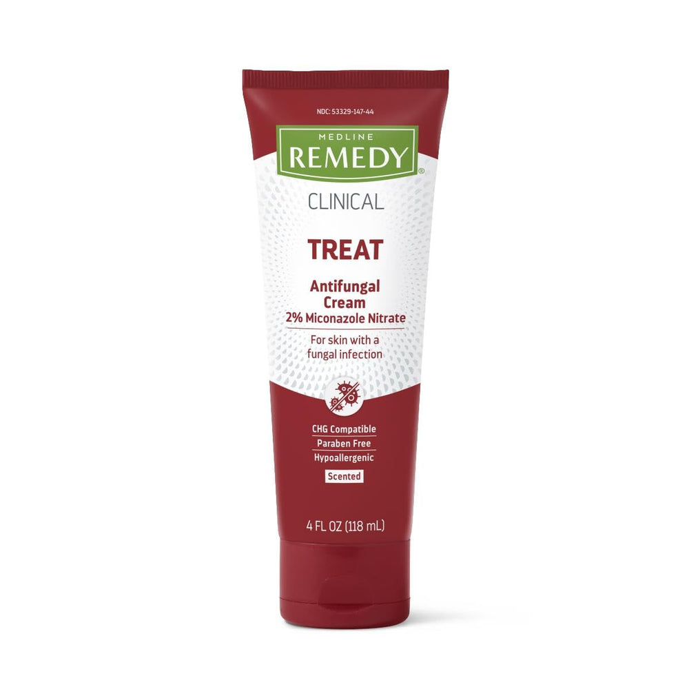 Medline Remedy Clinical Antifungal Cream bottle being poured for targeted antifungal care.