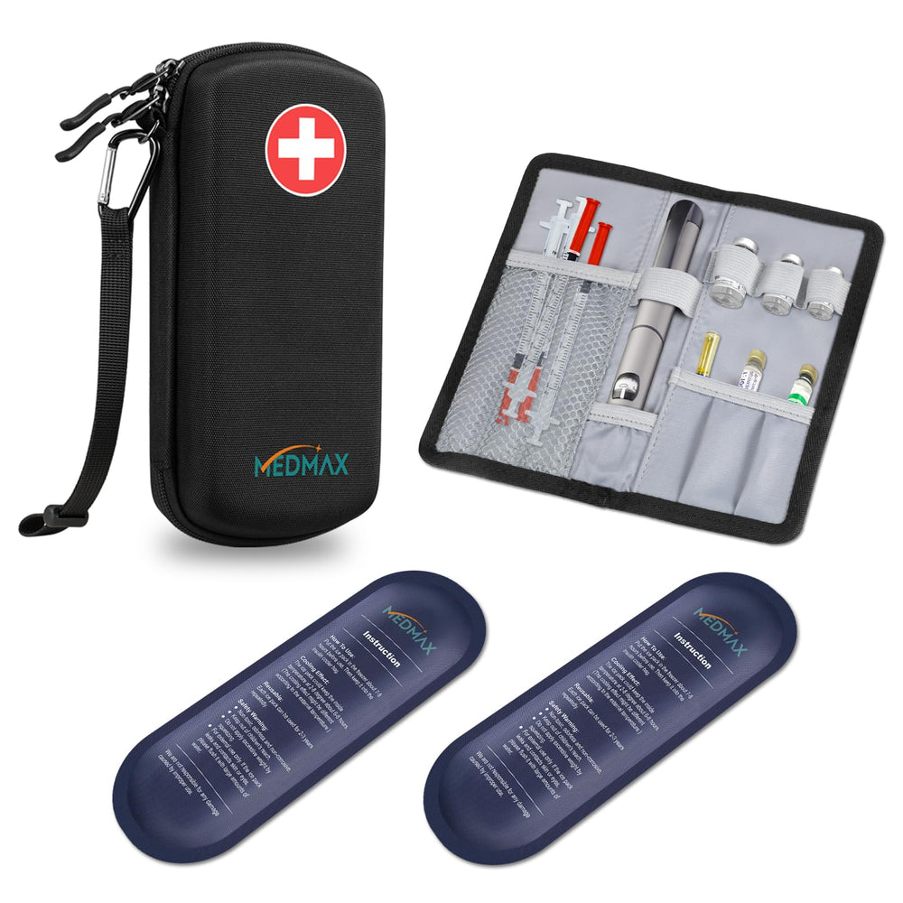 MEDMAX hard-shell insulin cooler case front view showing secure outer shell for travel