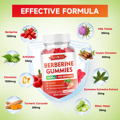 MEENCCD Berberine Gummies ingredients panel emphasizing natural botanicals and vegan formula.