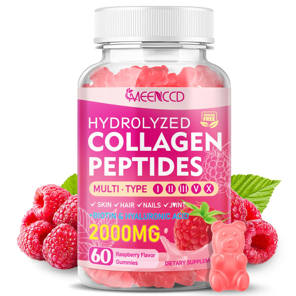 MEENCCD colágeno hidrolizado gomitas frambuesa en envase, sabor agradable y práctico.