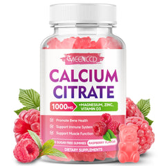 MEENCCD Calcium Citrate Gummies bottle with raspberry flavor for easy calcium intake