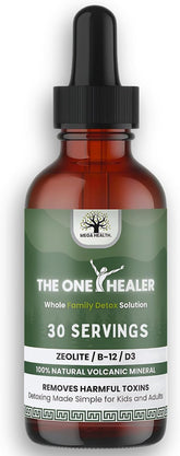 MEGA HEALTH The One Healer Zeolite Detox bottle promotes family-friendly wellness.