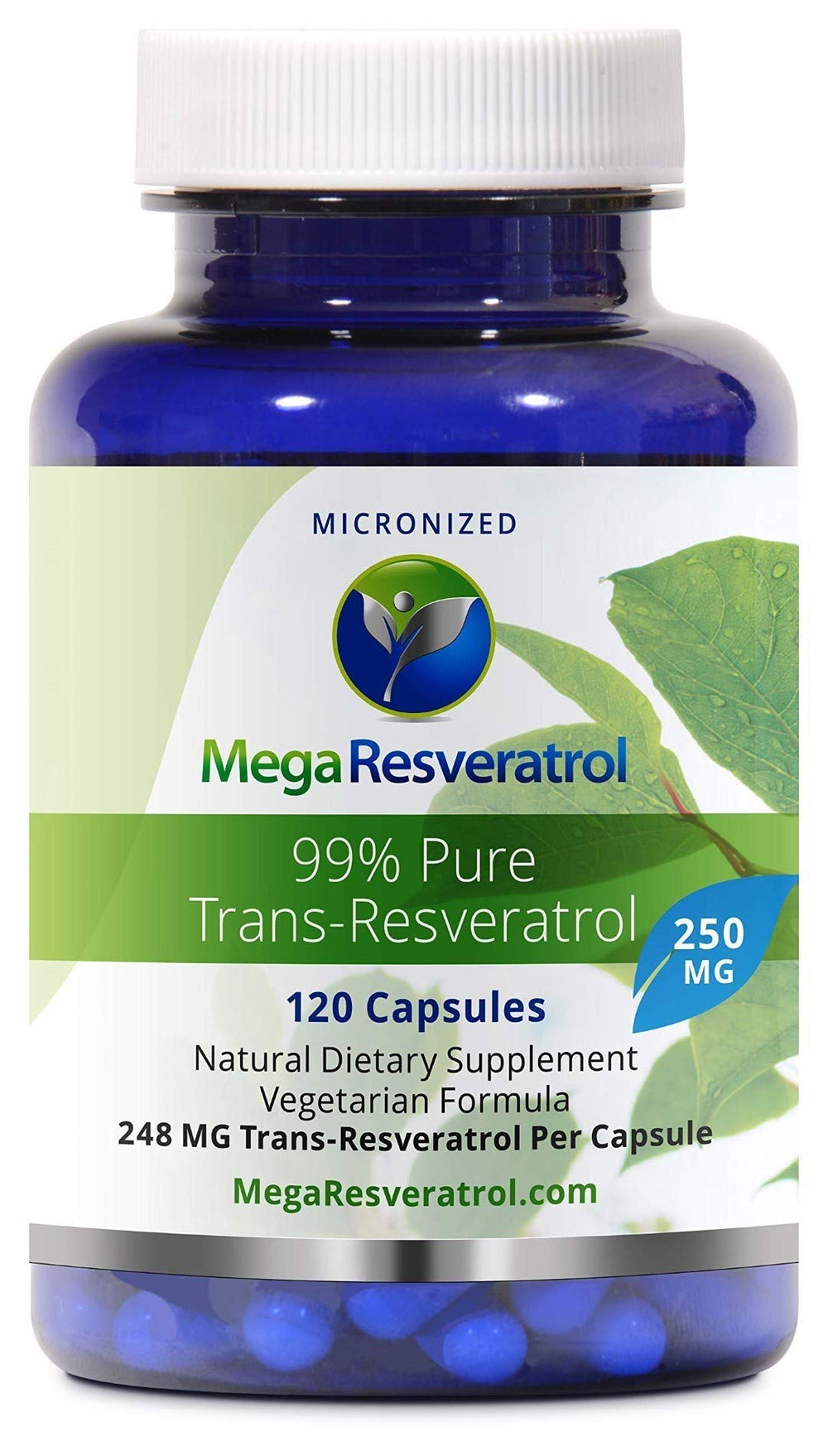 Mega Resveratrol bottle front view highlighting 250 mg capsules and premium purity.