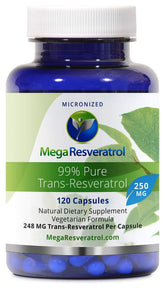 Mega Resveratrol bottle front view highlighting 250 mg capsules and premium purity.