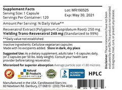 Mega Resveratrol bottle side view with sealed packaging and dosage details.