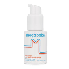 Megababe Bust Dust bottle pump enabling targeted, mess-free powder application.