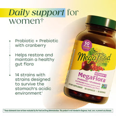 Label graphic on MegaFood MegaFlora for Women highlighting 14 strains and cranberry.